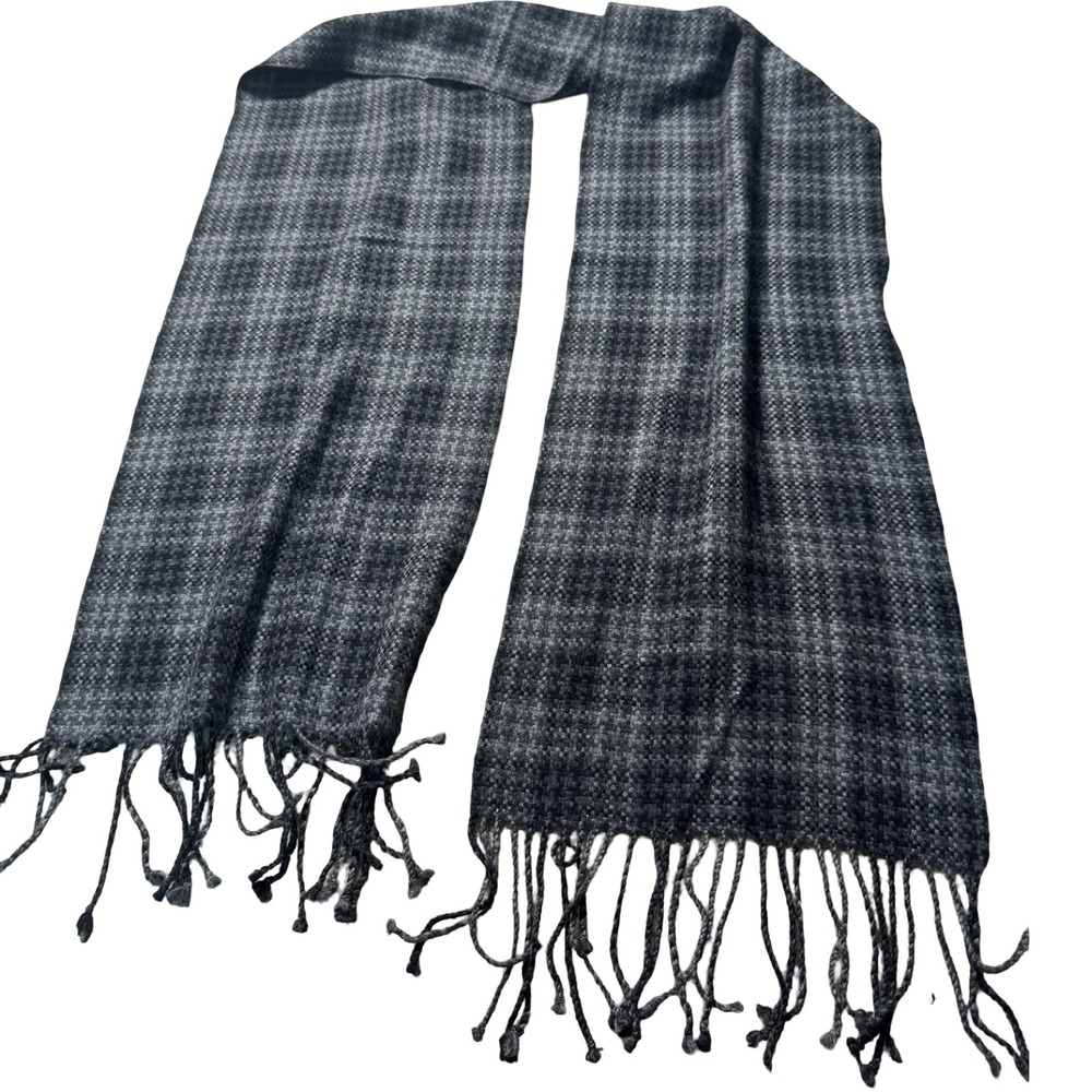 Raffi Scarf Unisex OS Grey Plaid Good 100% Pure Cashmere Fringe Winter Accessory